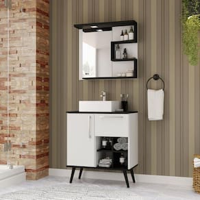 Conjunto de Banheiro Gabinete com Pés com Cuba e Espelheira Veneza Branco/Preto