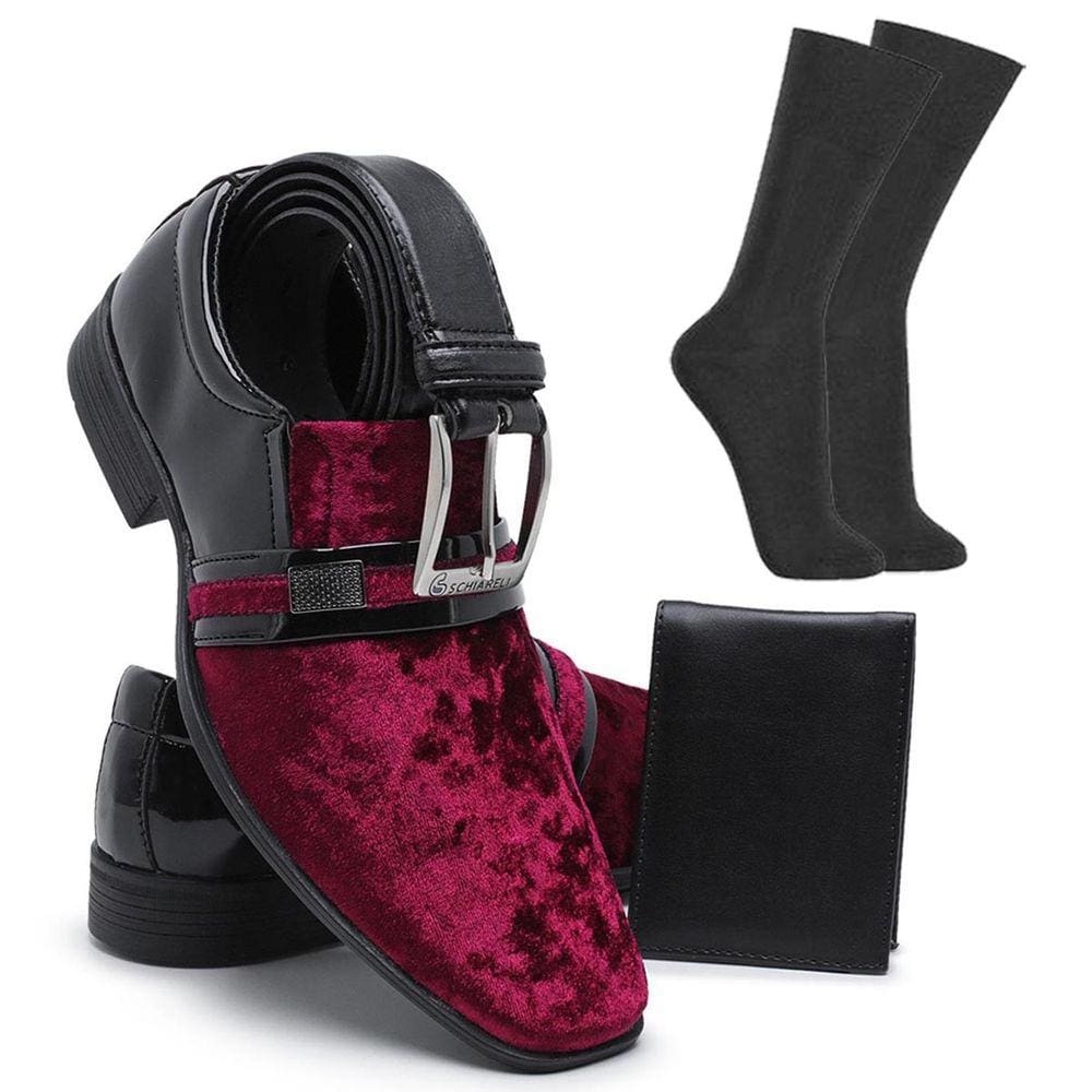 Kit Sapato Social Camurça Masculino Side Gore Veludo Detalhe Em Metal + Cinto Meia E Carteira