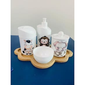 Kit Higiene Safari c/bandeja Nuvem Crua (Macaco, Zebra, Elefante)
