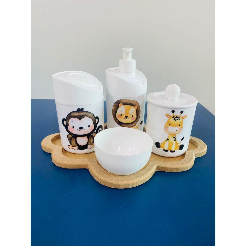 Kit Higiene Safari c/bandeja Nuvem Crua (Leão, Macaco, Girafa)
