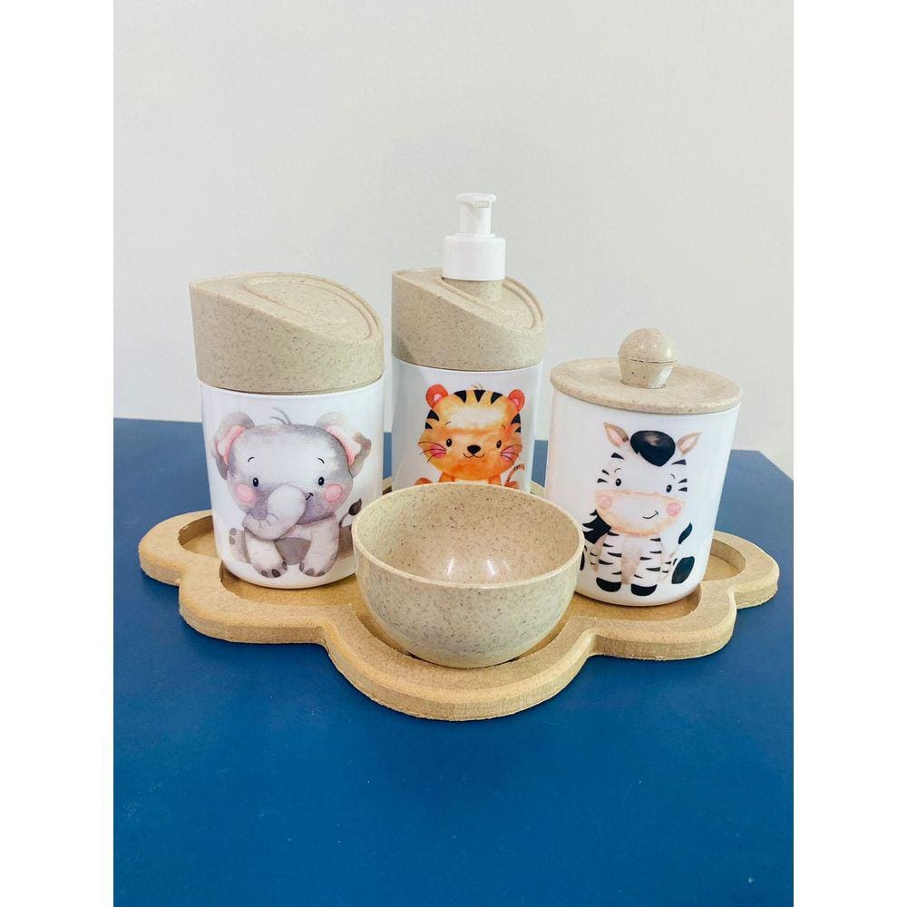 Kit Higiene Safari c/bandeja Nuvem Crua (Elefante, Zebra, Tigre)