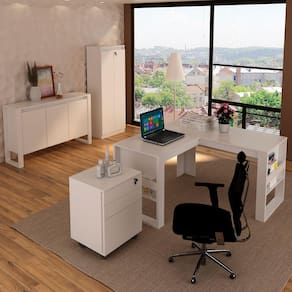 Conjunto Home Office 4 Peças 1 Mesa, 1 Gaveteiro e 2 Armários para Escritório Stanford 6 Branco - Pnr Móveis