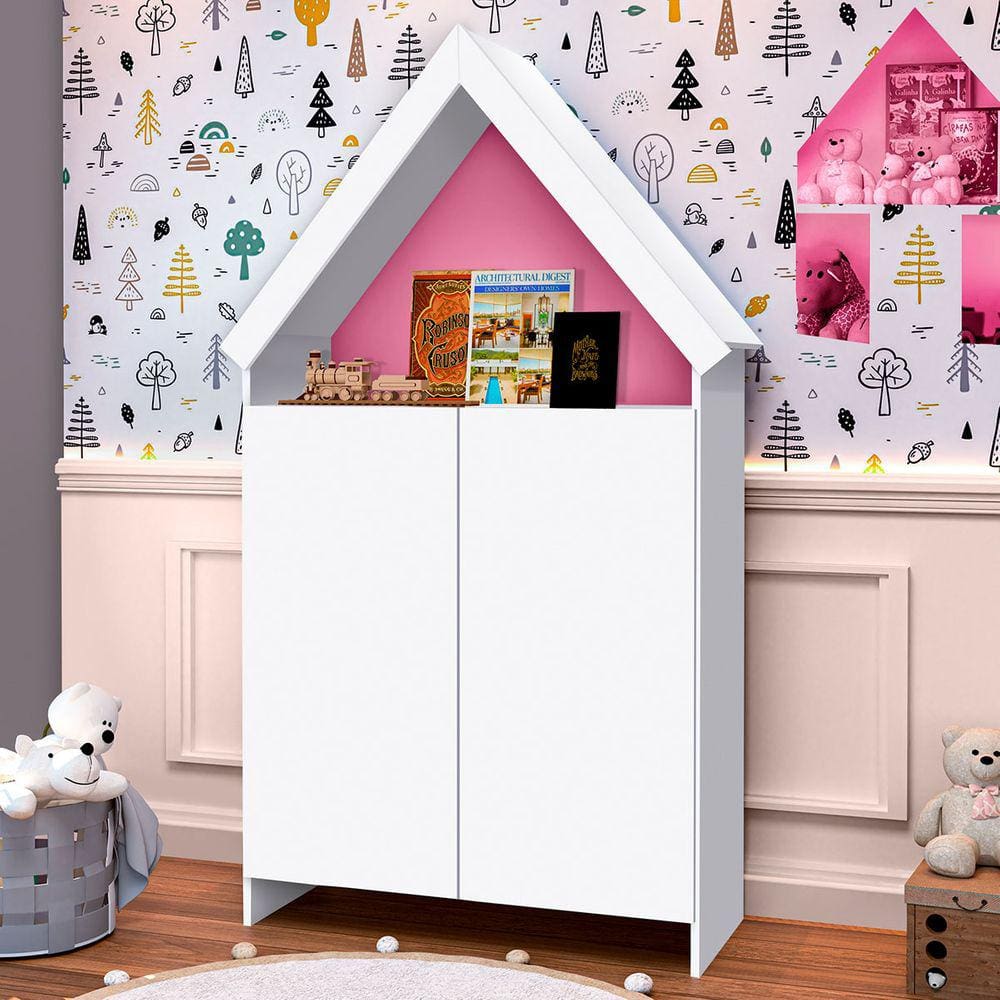 Estante para Livros Magia 2 Portas 4 Prateleiras Flex Branco/Rosa - Gabrielli Móveis