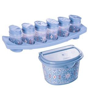 Kit porta temperos com suporte e saleiro azul Plasutil