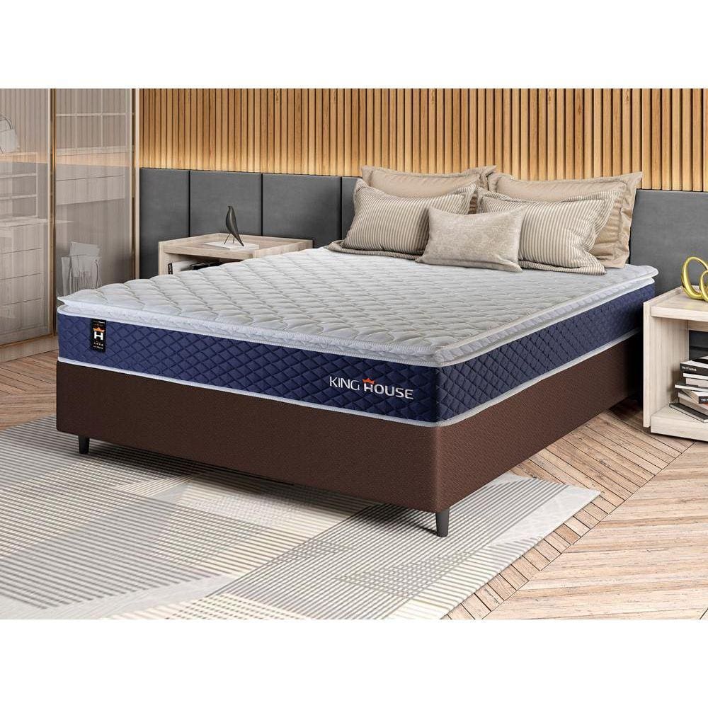 Conjunto Cama Box c/ Molas Ensacadas Lagras Azul Casal 138x188x66
