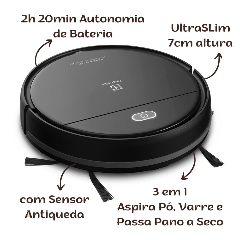 Robô Aspirador de Pó Electrolux 3em1 Slim Bivolt ERB10 Preto