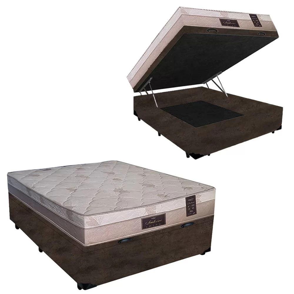 Cama Box Baú Casal Confort Suede Marrom Com Colchão Casal Confort Molas Bonnel 61x138x188