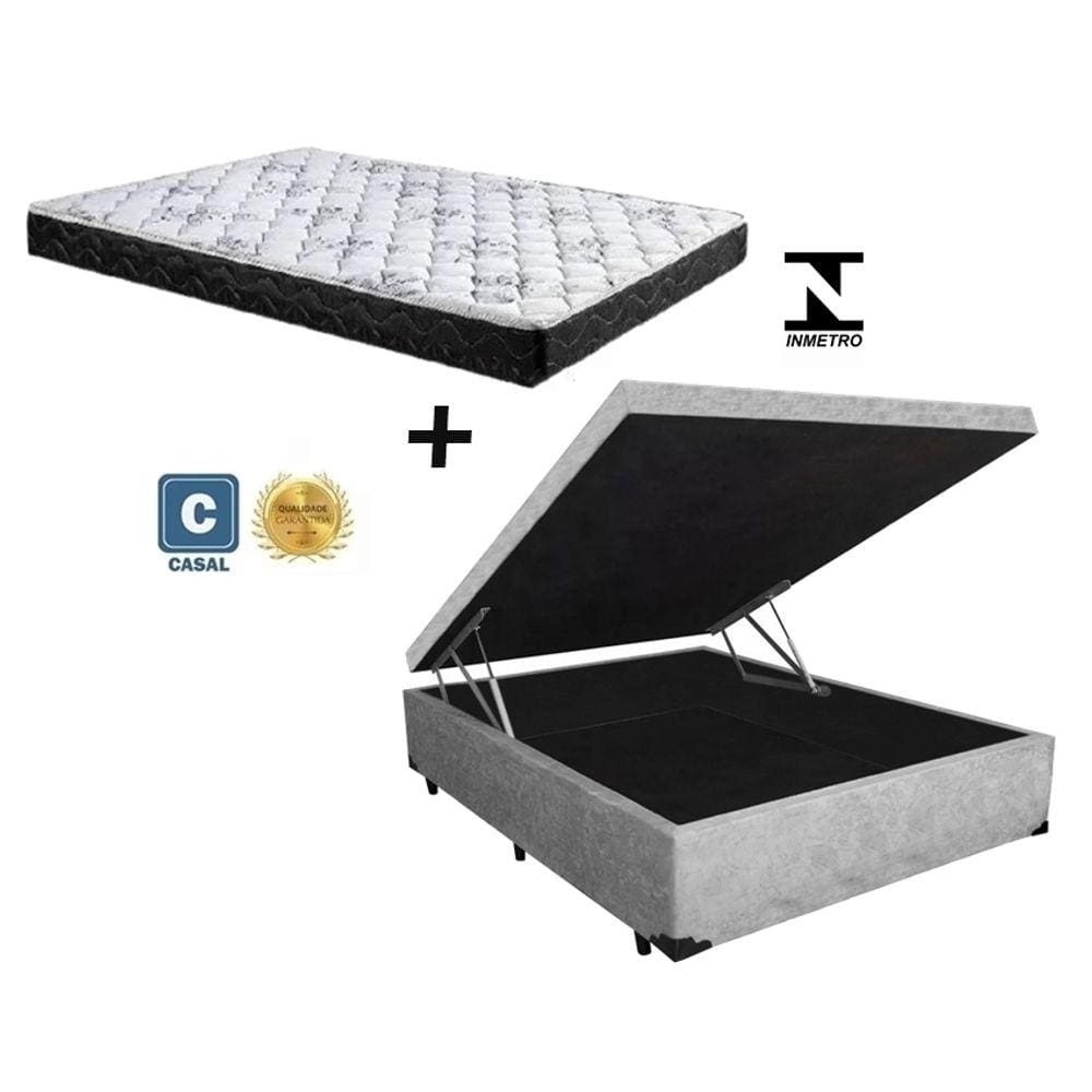 Cama Box Baú Casal Conforto Suede Cinza + Colchão Casal Conforto Espuma D33 Com EPS 14x138x188