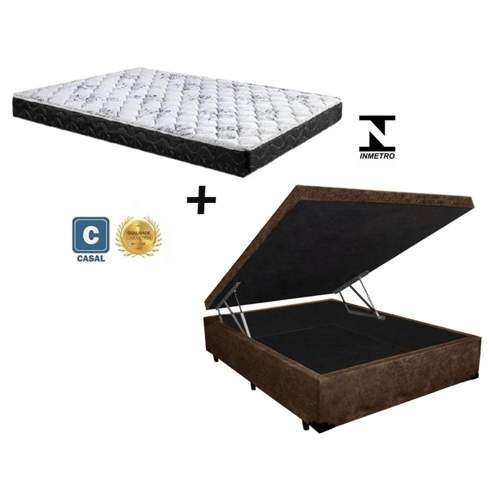 Cama Box Baú Casal Conforto Suede Marrom + Colchão Casal Conforto Espuma D33 Com EPS 17x138x188