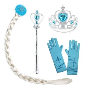 Kit  Elsa Frozen Fantasia Trança Coroa Luvas Varinha
