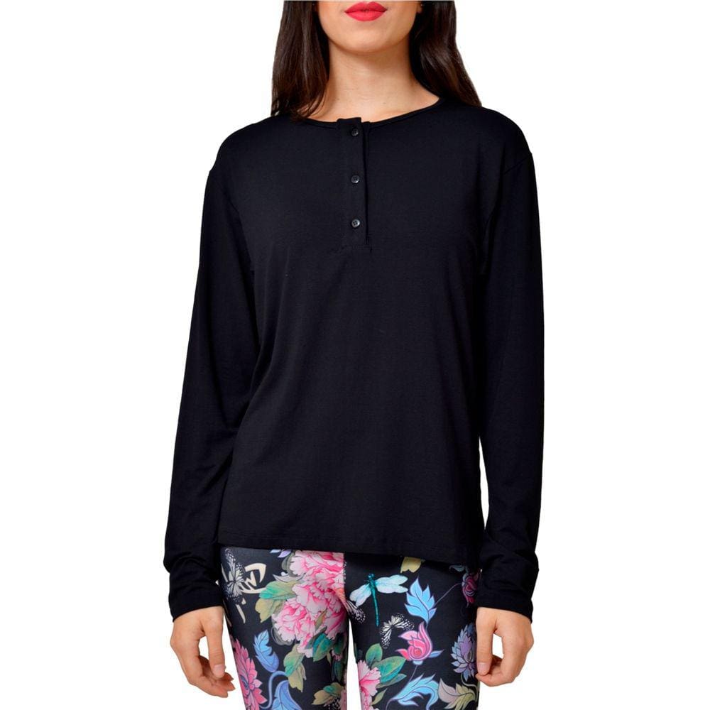 Blusa Básica Manga Longa Feminina Preta Detalhe Botão GG