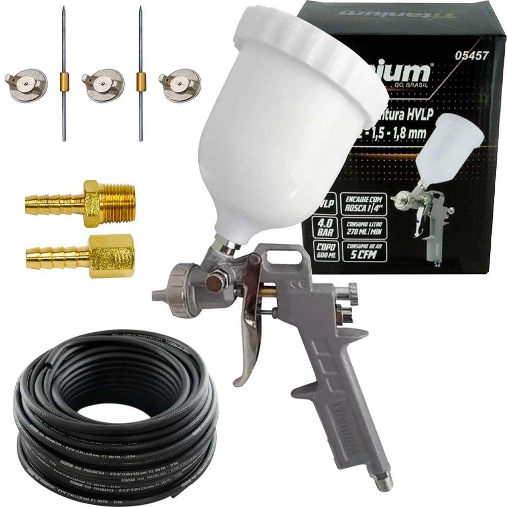 Kit Pistola Pintura Hvlp + 3 Bicos + Mangueira Kit