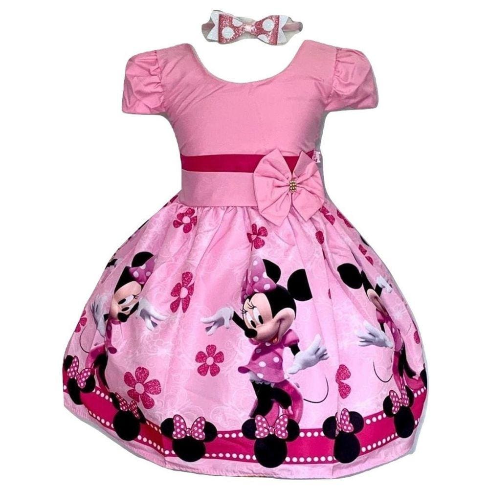 Vestido Temático Minnie Flores Rosa