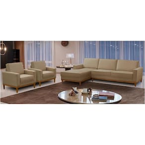 Kit Sofá 3 Lugares 2,10m com Chaise Esquerdo e 2 Poltronas Living Lavinia Linho Bege Adonai Estofados