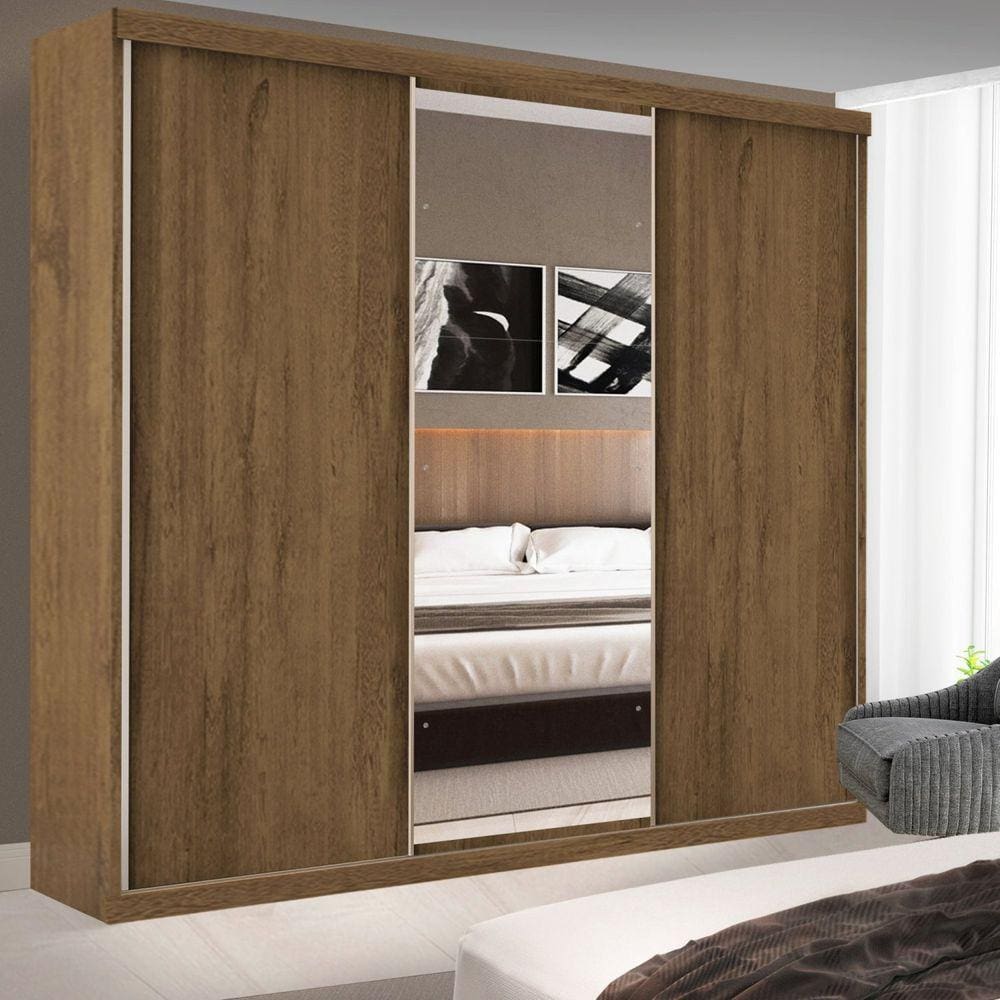 Guarda-Roupa Casal 3 Portas de Correr 4 Gavetas e 3 Espelhos Barcelona Espresso Móveis Freijó