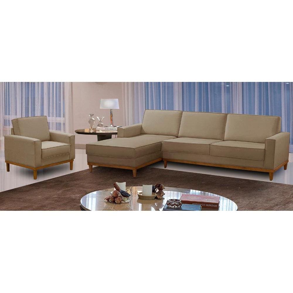 Kit Sofá 3 Lugares 2,60m com Chaise Esquerdo e Poltrona Living Lavinia Linho Bege Adonai Estofados