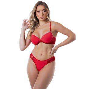 Conjunto sensual com bojo em poliamida lisa e renda vermelho