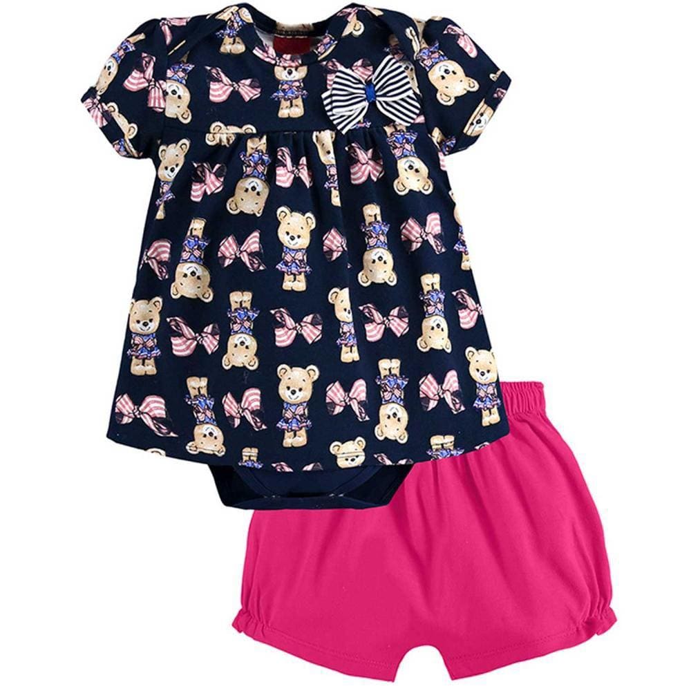 Conjunto Infantil Manga Curta Com Body E Shorts Ursinha Feminino Kyly Ref: 110.831 P/G