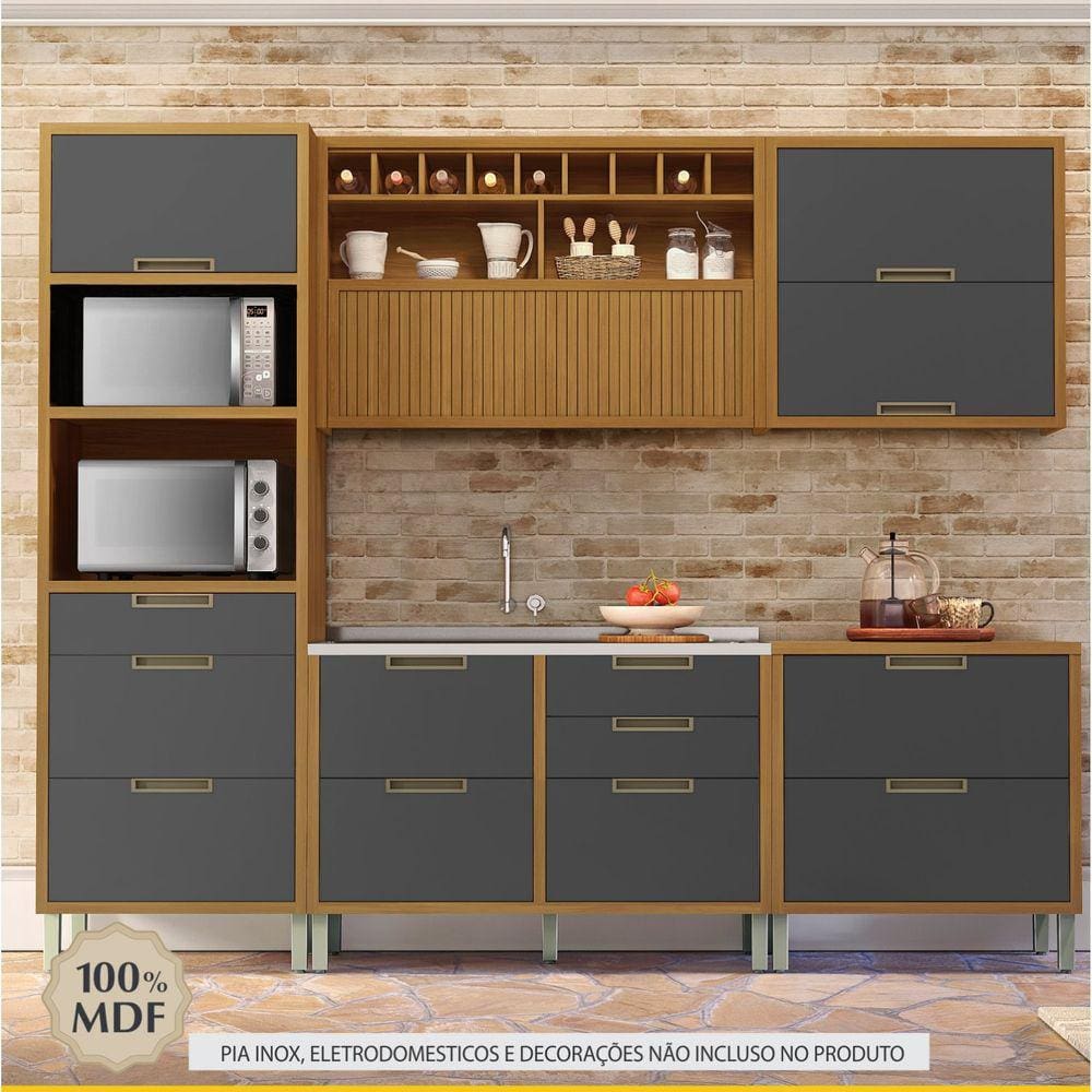 Cozinha Completa 5 Peças Torre Quente 100% MDF Imperatriz Nesher Freijó/Grafite