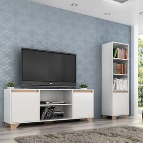 Conjunto Rack para TV 42 Polegadas e Estante Benevello 2040 Quiditá Branco/Siena