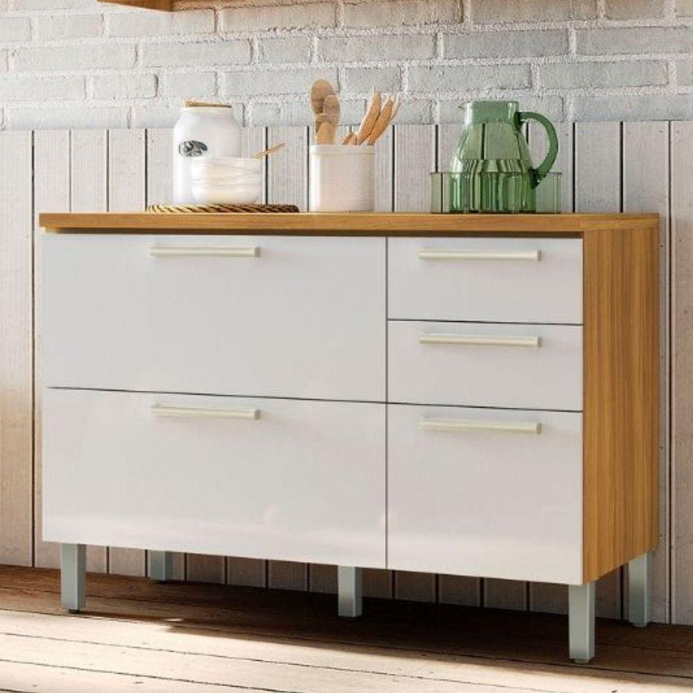 Balcão de Cozinha com Tampo 2 Portas 3 Gavetas Burguesa Premium Amadeirado Freijó/Branco