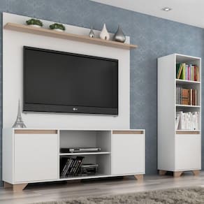 Conjunto Rack com Painel para TV 50 Polegadas e Estante Benevello 2038 Quiditá Branco/Siena