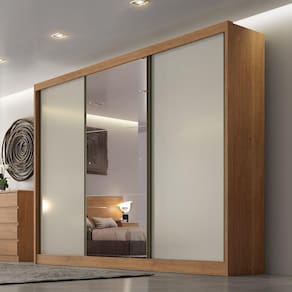 Guarda Roupa Casal com Espelho 3 Portas 6 Gavetas Wood Novo Horizonte Cumaru Cinza