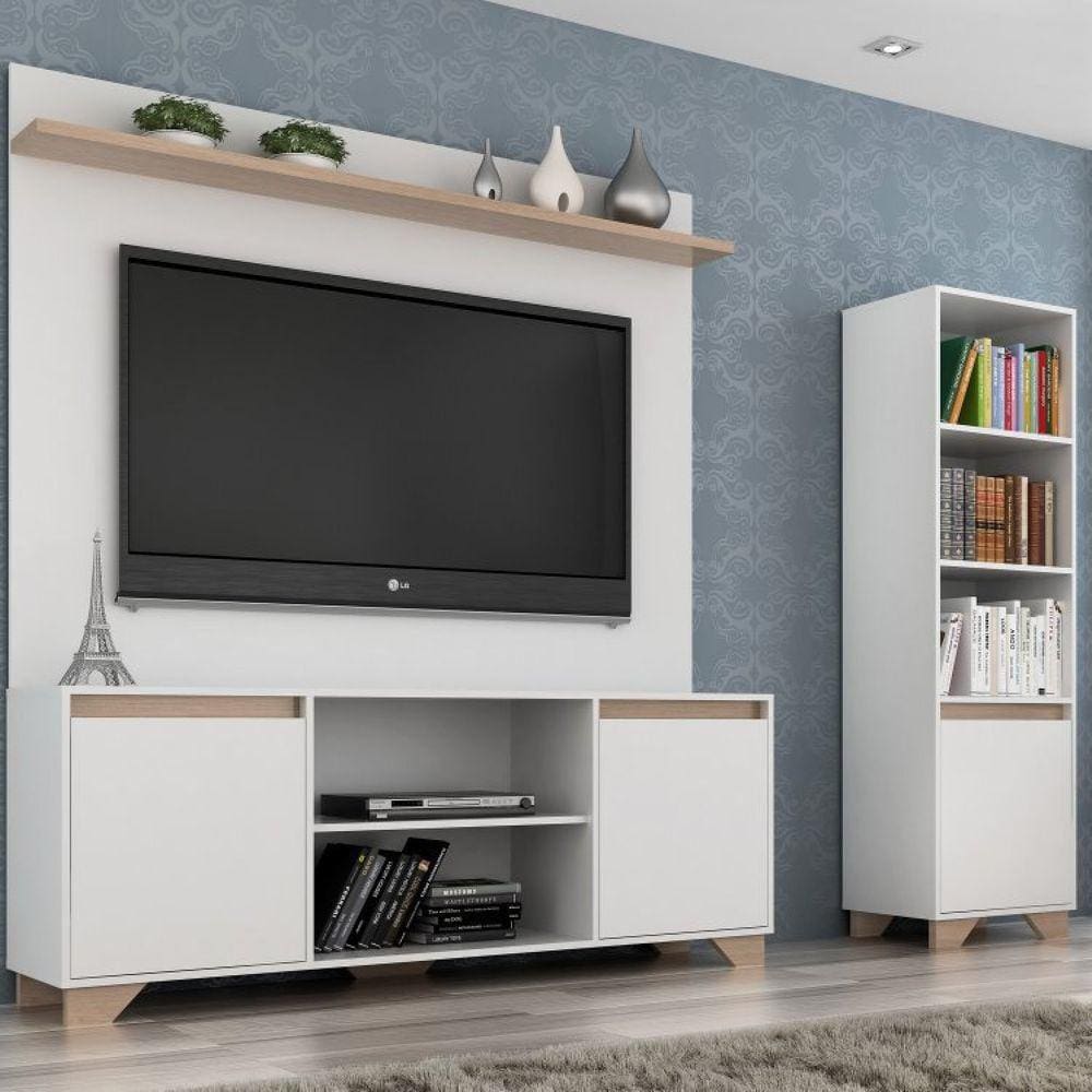 Conjunto Rack com Painel para TV 42 Polegadas e Estante Benevello 2037 Quiditá Branco/Siena