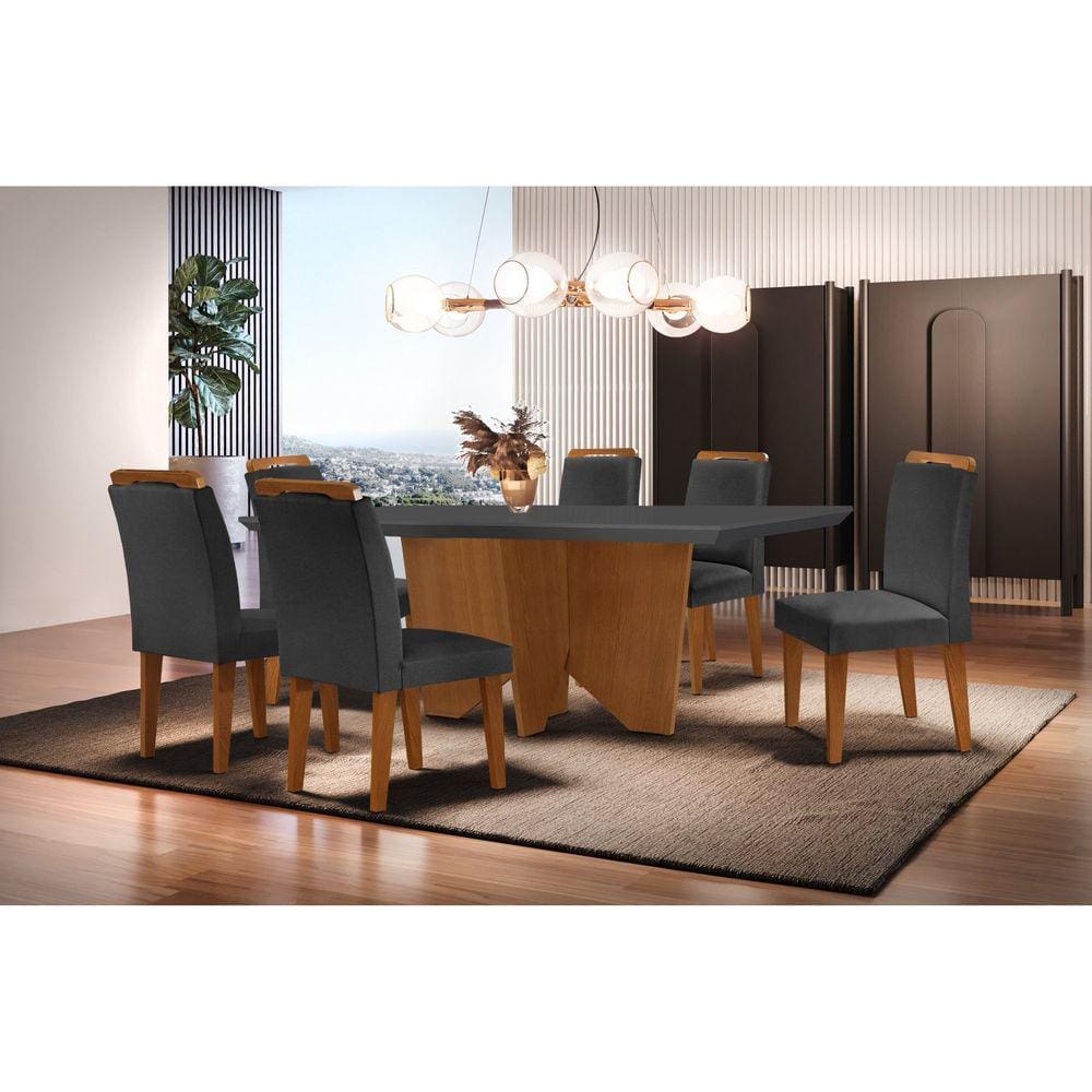 Conjunto Sala de Jantar Mesa Tampo em MDF 6 Cadeiras Rufato Grafite/Imbuia