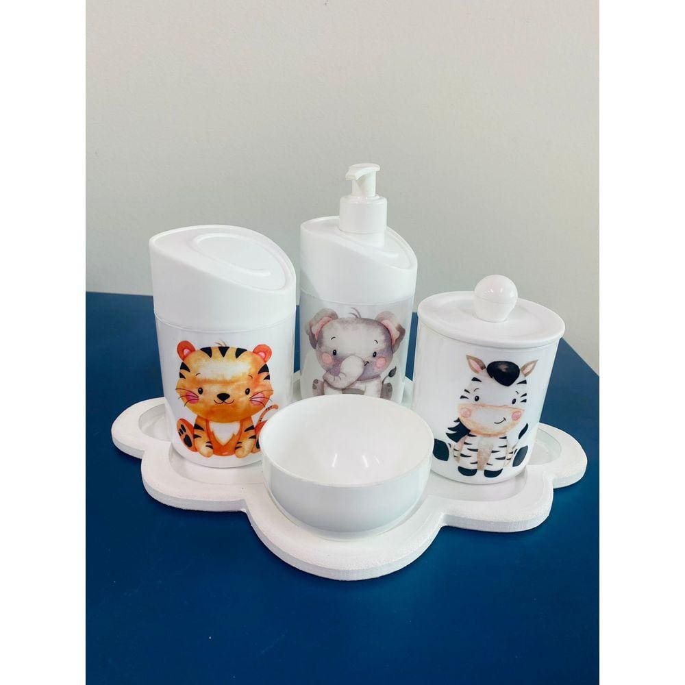 Kit Higiene Safari c/BANDEJA COLOR NUVEM (Elefante, Zebra, Tigre)