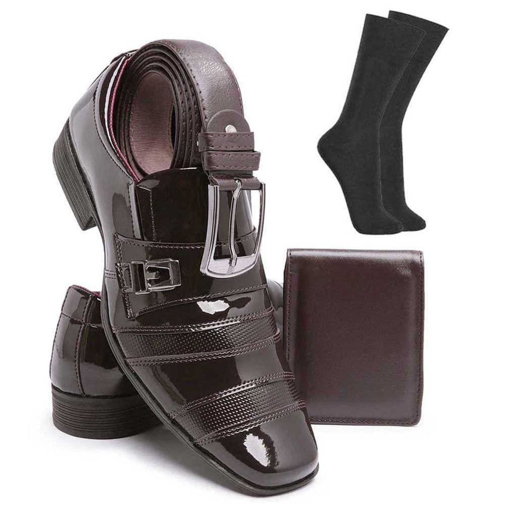 Kit Sapato Social Masculino Verniz Clássico Moderno Extra Leve + Cinto Meia E Carteira