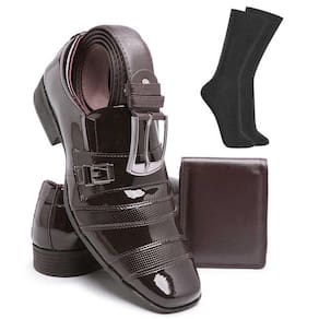 Kit Sapato Social Masculino Verniz Clássico Moderno Extra Leve + Cinto Meia E Carteira