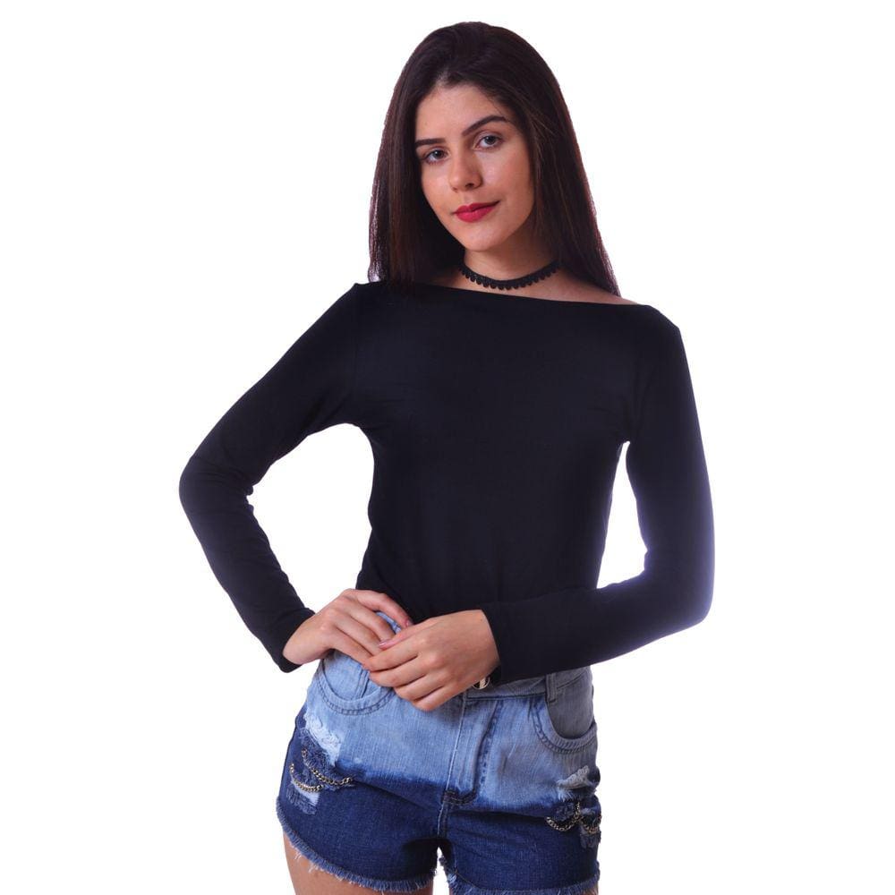 Blusa Básica Manga Longa Feminina Preto Decote Canoa PP