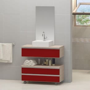 Gabinete Banheiro Creta 60cm com Cuba e Espelho Madeirado/Vermelho