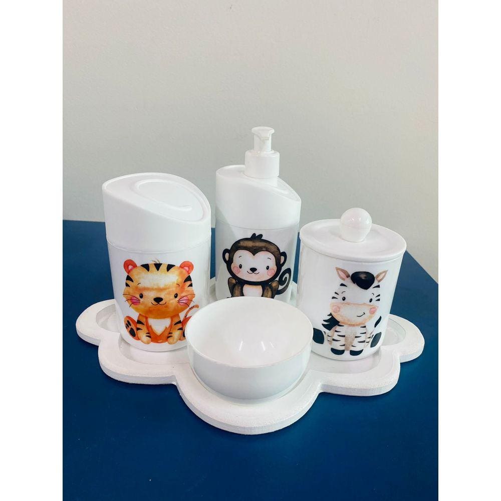 Kit Higiene Safari c/BANDEJA COLOR NUVEM (Macaco, Zebra, Tigre)