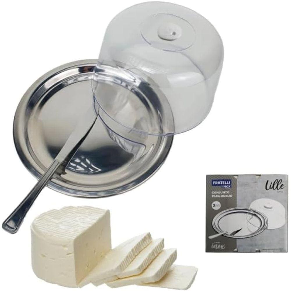 Porta Queijo Inox Com Tampa Acrilico Queijeira Bandeja Queijo Minas Redondo Fratelli Linha Lille Com Faca 3 Peças