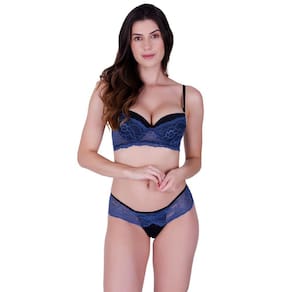 Conjunto fio sensual com bojo e arco em poliamida lisa e renda azul atalaia