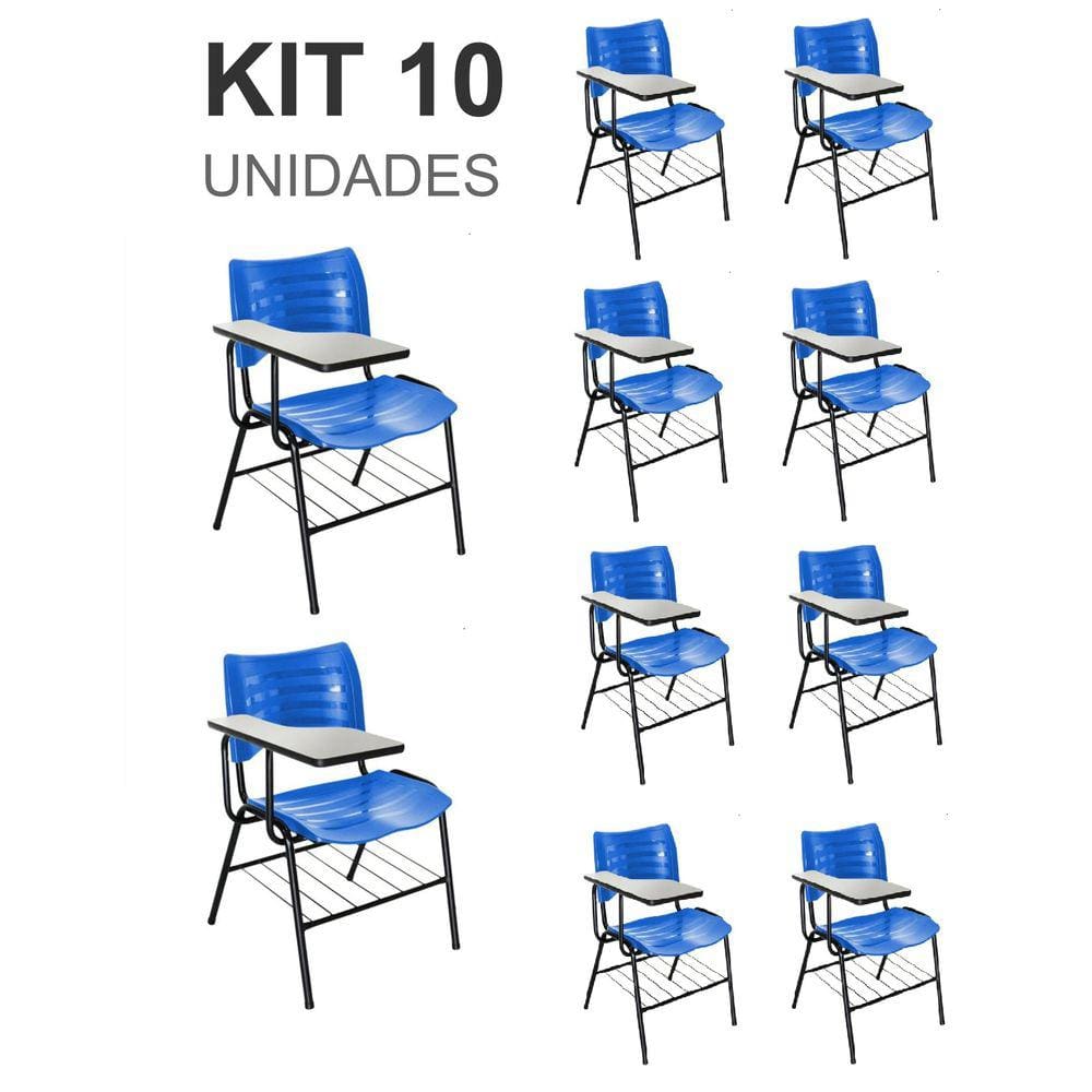 KIT 10 Cadeiras Universitárias Azul com porta livros - Mastcmol