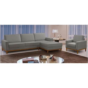 Kit Sofá 3 Lugares 2,60m com Chaise e Poltrona Living Lavinia Linho Cinza Adonai Estofados