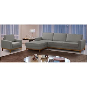 Kit Sofá 3 Lugares 2,60m com Chaise Esquerdo e Poltrona Living Lavinia Linho Cinza Adonai Estofados