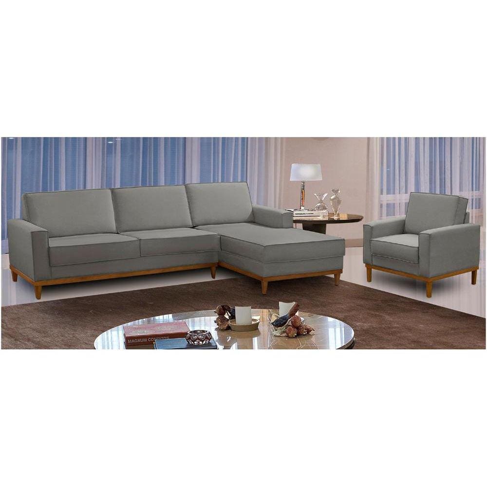 Kit Sofá 3 Lugares 2,10m com Chaise e Poltrona Living Lavinia Linho Cinza Adonai Estofados