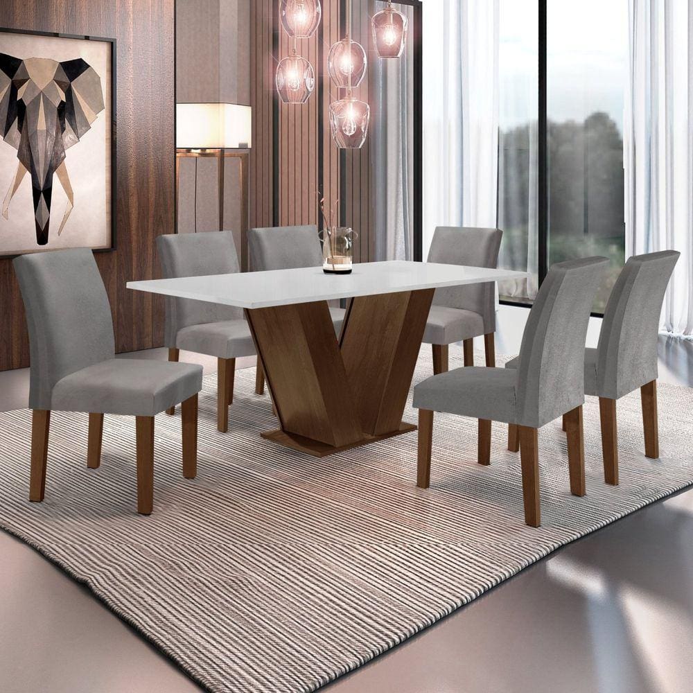 Conjunto Sala de Jantar Mesa 160x80cm Tampo MDF com 6 Cadeiras Espanha Yescasa Chocolate/Off White/Suede Cinza