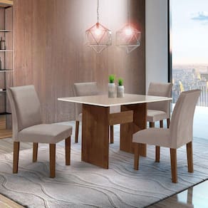 Conjunto Sala de Jantar Mesa 120x80cm Tampo MDF/Vidro com 4 Cadeiras Espanha Yescasa Chocolate/Suede Marrom Claro