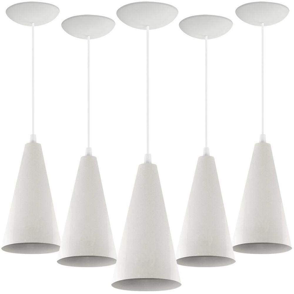 Kit 5 Pendentes Cone Lowcost Aluminio Decoracao Branco