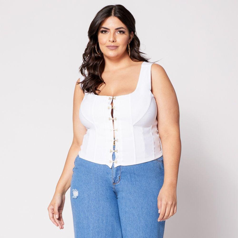 Blusa Cropped Plus Corset com Colchetes e Bojo Branco