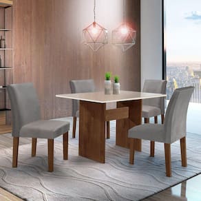 Conjunto Sala de Jantar Mesa 120x80cm Tampo MDF/Vidro com 4 Cadeiras Espanha Yescasa Chocolate/Grafite/Suede Cinza