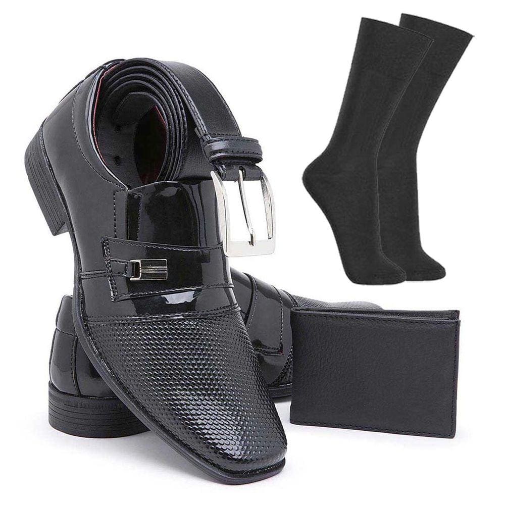 Sapato Social Masculino Side Gore Formal Envernizado Com Textura + Cinto Meia E Carteira