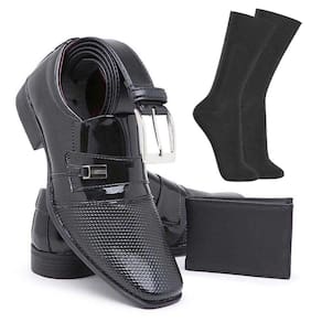 Sapato Social Masculino Side Gore Formal Envernizado Com Textura + Cinto Meia E Carteira