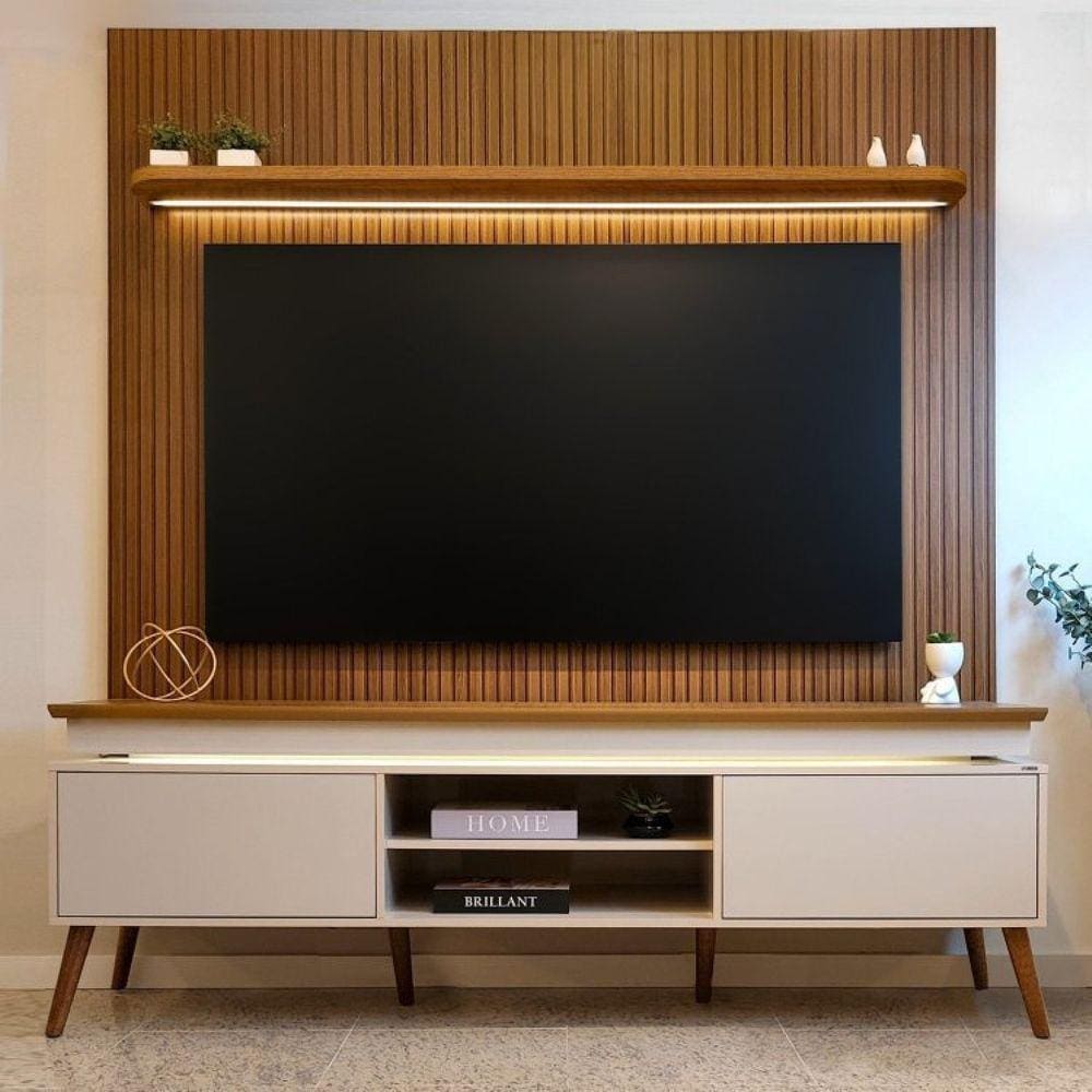 Rack com Painel para TV até 75 Polegadas com LED e Impressão Ripada Luminapool Pinho/Off White