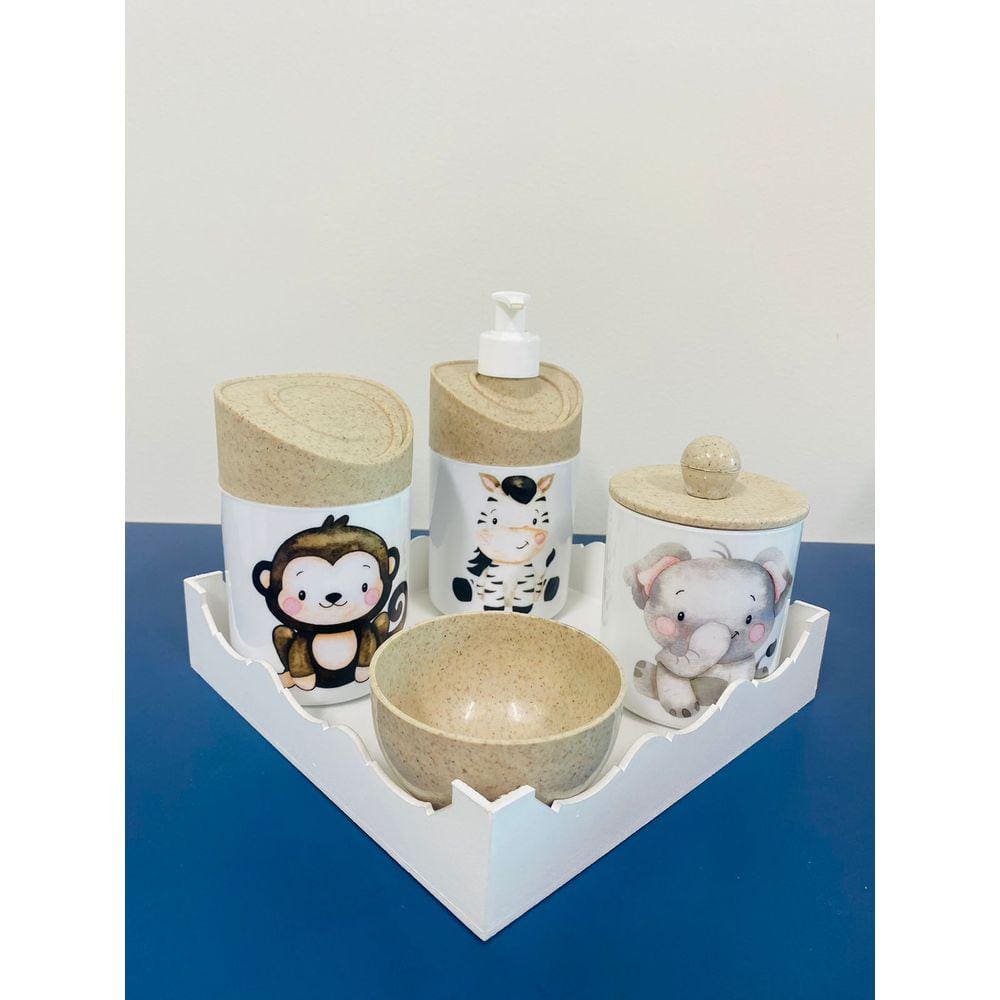 Kit Higiene Safari c/bandeja Color (Macaco, Zebra, Elefante)